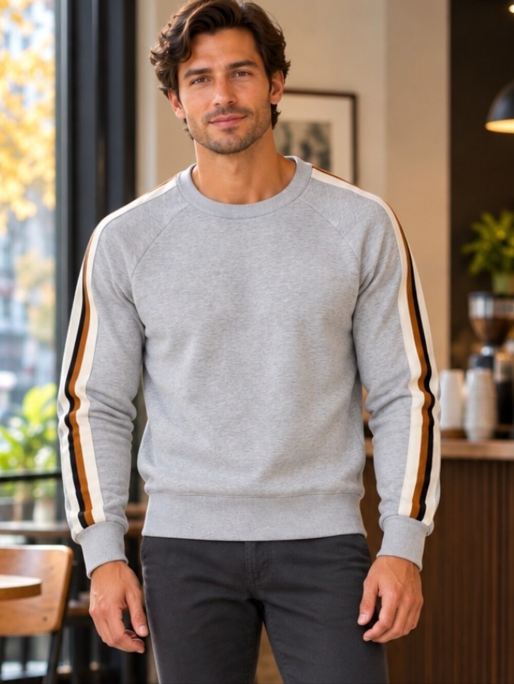 Murano Liquid Luxury Sweatshirt Men's L Gray Striped Sleeve Slim Fit